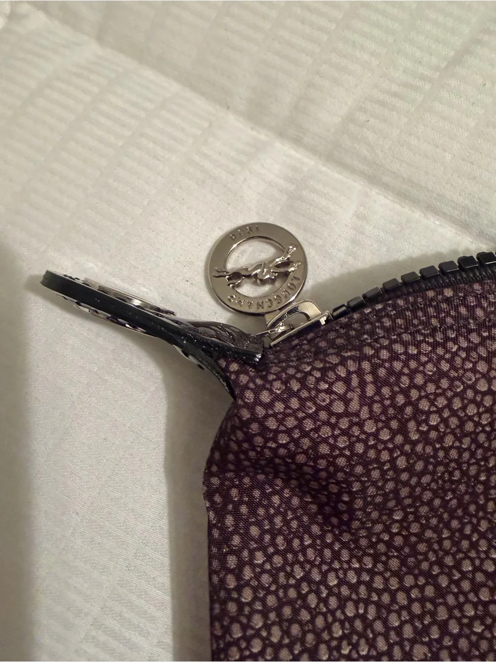 Longchamp Black & White Pebble Print Tote with Black Patent Leather Accents NWT
